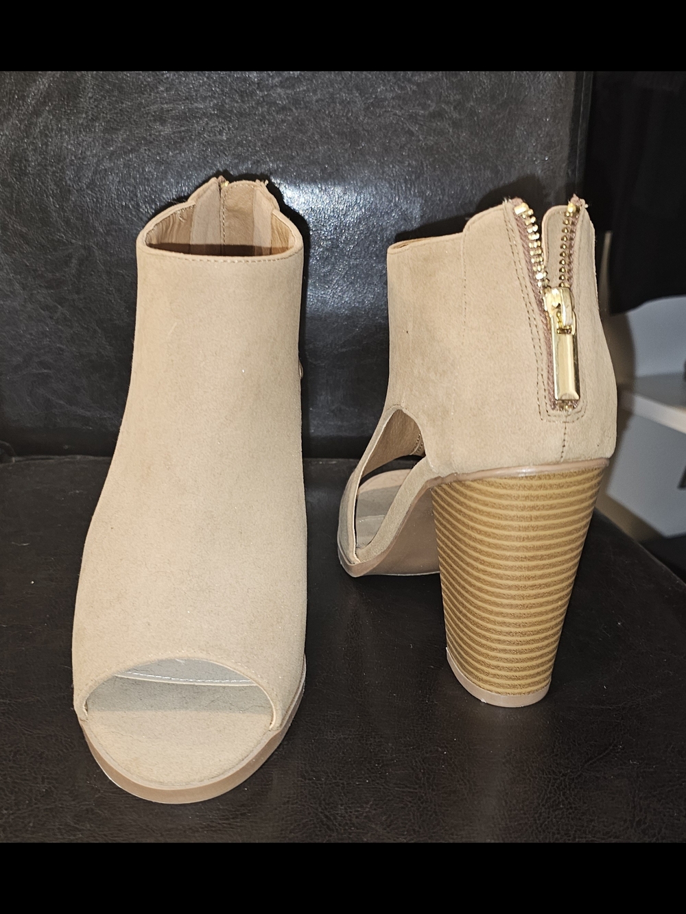Shoe Dazzle Tan Suede Peep-Toe Block Heel Booties